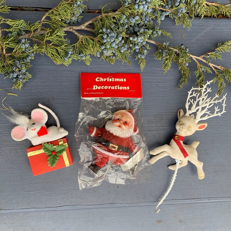 Vintage Flocked Blow Mold Christmas Tree Ornaments Hong Kong Etsy