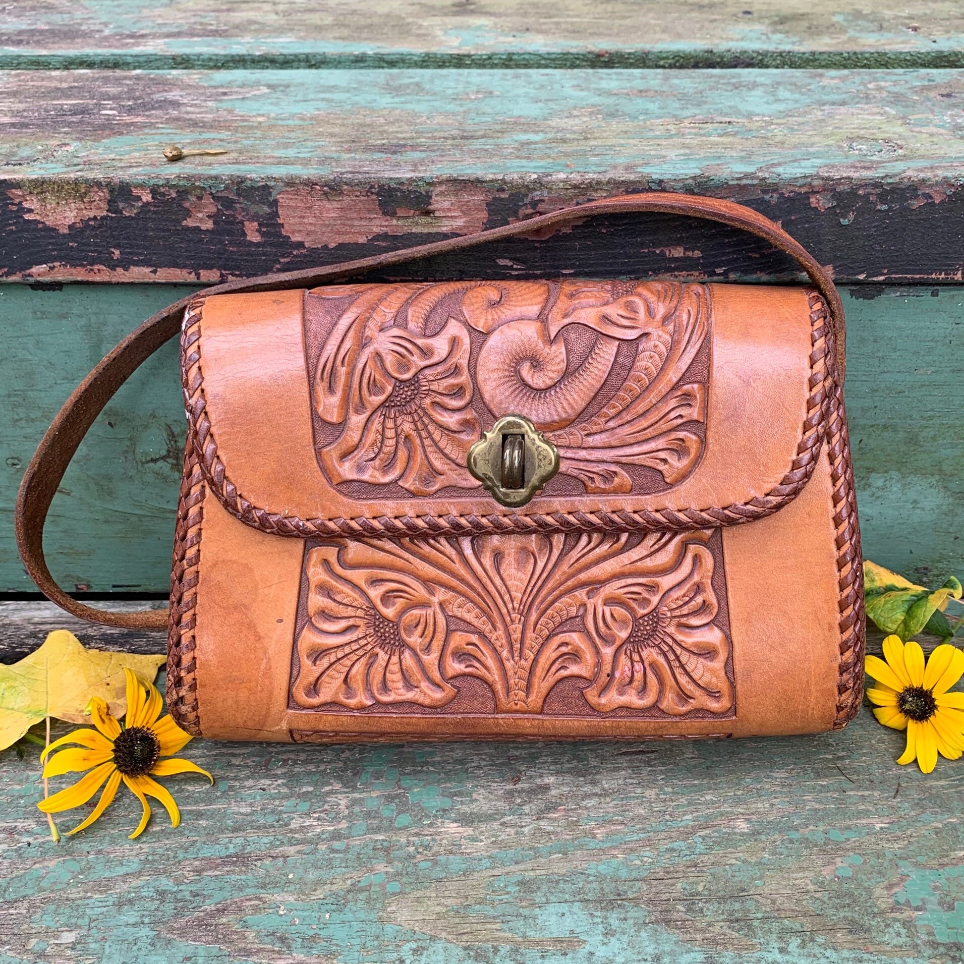 Vintage Hand Tooled Leather Purse Shoulder Bag Mini Leather 