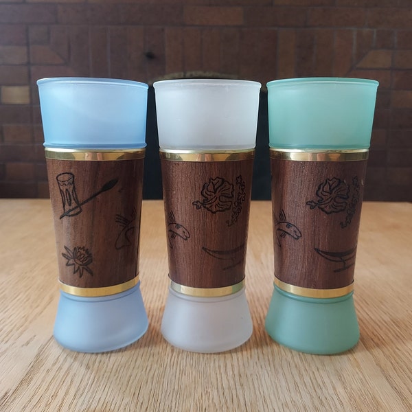 Vintage Siesta Ware Tiki Glasses Frosted Glass Wood - set of 3