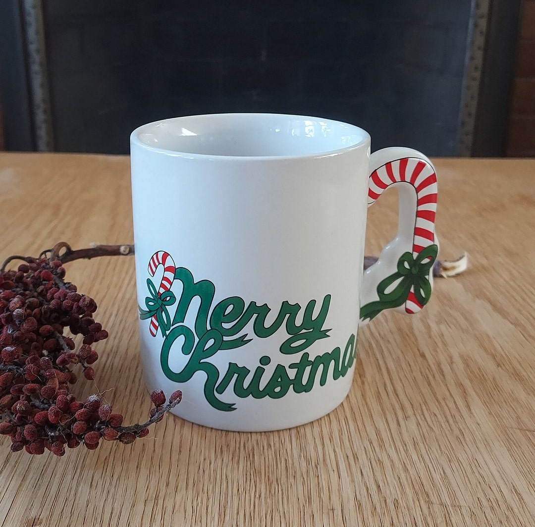 Vintage Merry Christmas Mug With Candy Cane Handle Etsy