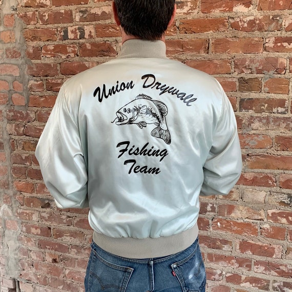 Vintage Satin Bomber Jacket Silver Gray Fishing Team Large Mens Personalized Charlie