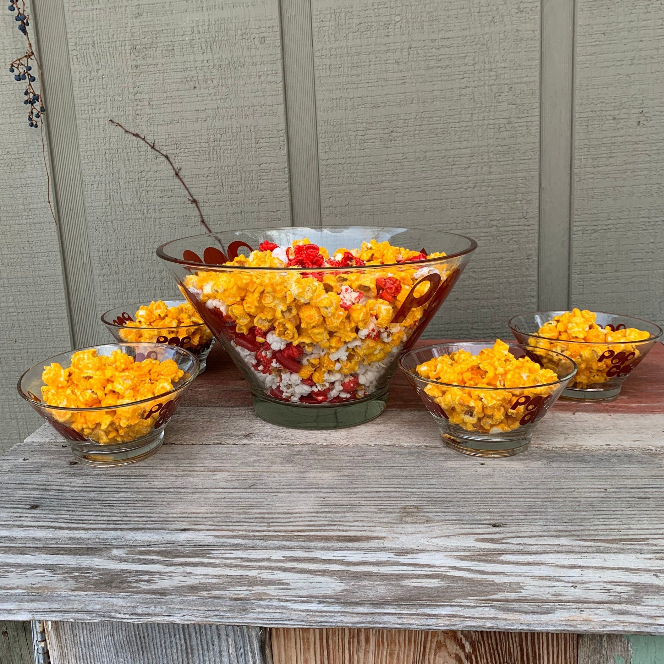 Vintage Large Popcorn Serving Bowl with Small Popcorn Bowls Etsy