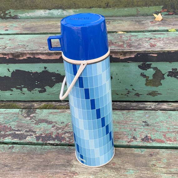 Vintage 1960s Large Thermos Blue Grid Pattern Checkered Insulated