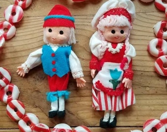 Vintage Flocked Cloth Doll Dutch Boy Girl Christmas Tree Ornaments, Mid Century Kurt Adler Japan