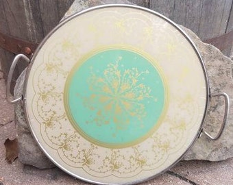 Vintage Tray Gold and Turquoise Reverse Painted Glass Floral, West Germany