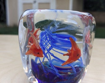 Vintage Dynasty Paperweight Glass Lorenzo Heirloom Orange Angel Fish Art Blue Colorful