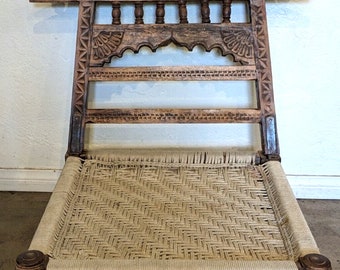 Vintage Indian Hand Carved Weaved Low Pidda Folding Chair Seat Horses and Peacocks