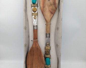 Tiramisu Turquoise Bead Embellished Wood Salad Server Set Art NIB