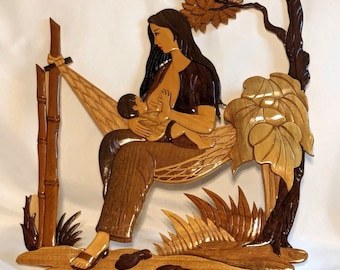 Arte de pared de madera Intarsia hecho a mano Amor de madre Mamá Niño Decoración única tropical