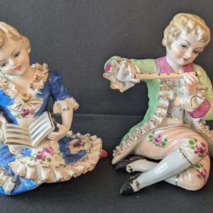 Mid-Century 50s JAPAN Porcelain BOY Playing Flute & GIRL Reading Book Figurine