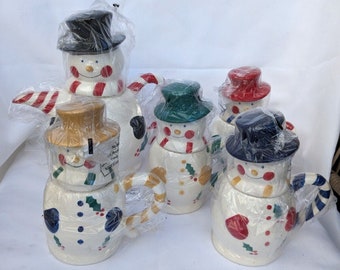 Temptations Snowman Christmas Winter Tea Set 5 Piece Teapot 4 Mugs Cups Lids New