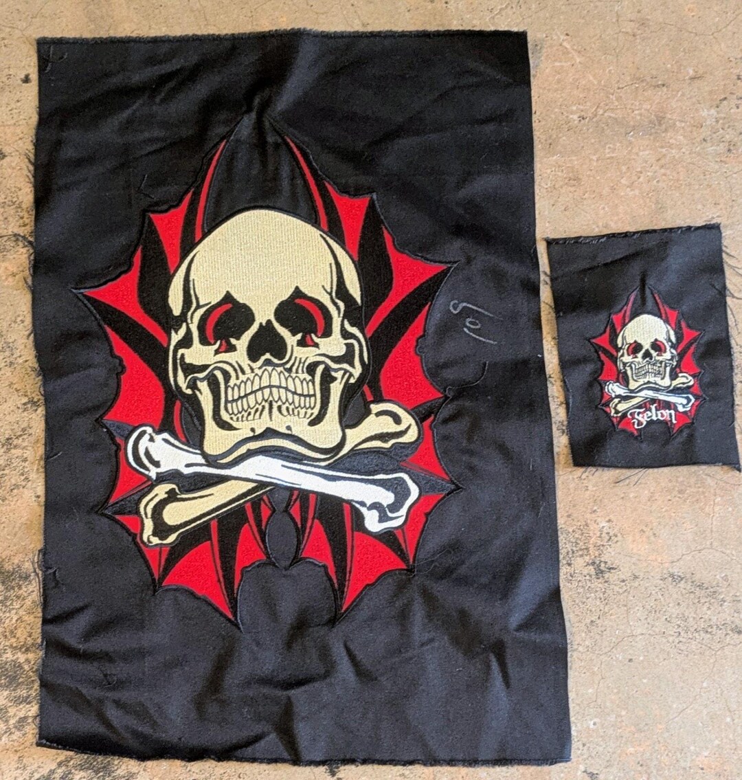 Felon Patch Pair Skull Crossbones Wing Felon Patches LG & SM Embroidered Red Black ...