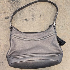 Brighton Handbag Embroidered Flowers Leather Metallic Pewter w/ Tassel Purse HTF image 2