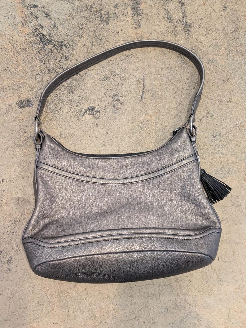 Brighton Handbag Embroidered Flowers Leather Metallic Pewter w/ Tassel Purse HTF image 2