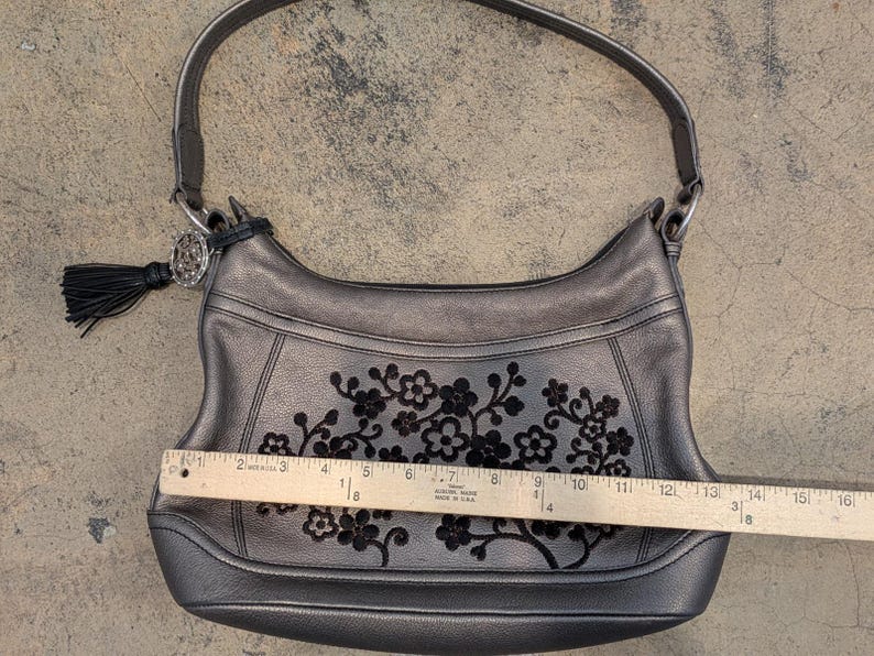 Brighton Handbag Embroidered Flowers Leather Metallic Pewter w/ Tassel Purse HTF image 9