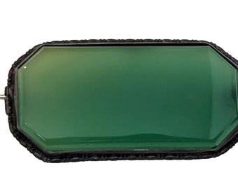 Antique C. 1920's Art Deco Green Genuine Chrysoprase Sterling Silver Brooch Pin