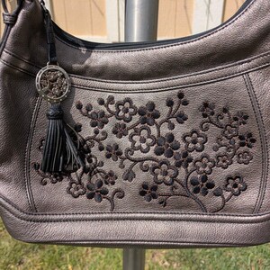 Brighton Handbag Embroidered Flowers Leather Metallic Pewter w/ Tassel Purse HTF image 3