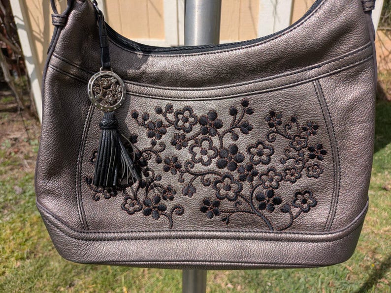 Brighton Handbag Embroidered Flowers Leather Metallic Pewter w/ Tassel Purse HTF image 3