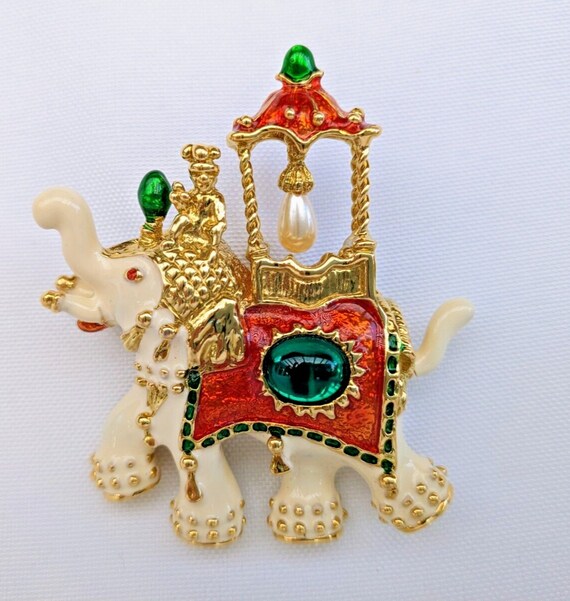 Exotic Gilt Enamel Jeweled Elephant Brooch Hutton 