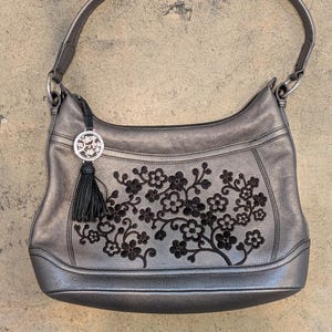 Brighton Handbag Embroidered Flowers Leather Metallic Pewter w/ Tassel Purse HTF image 1
