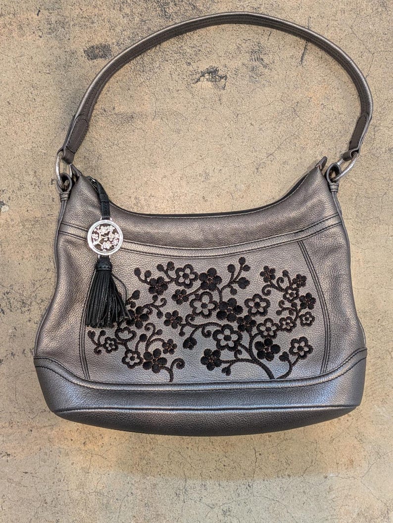 Brighton Handbag Embroidered Flowers Leather Metallic Pewter w/ Tassel Purse HTF image 1
