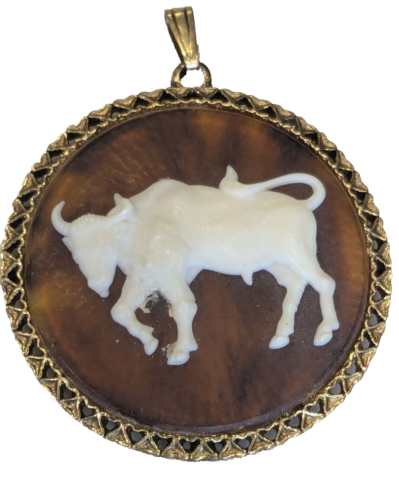 Vintage 1960's Gold Tone Taurus Zodiac Resin Cameo Turdus Shell Resin Pendant