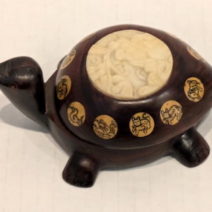 Vintage Carved Wood Turtle with Inlaid Chinese Zodiac Signs Opens to Compass