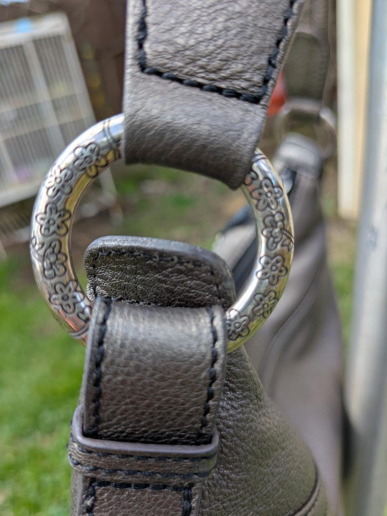 Brighton Handbag Embroidered Flowers Leather Metallic Pewter w/ Tassel Purse HTF image 5