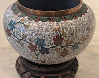 Antique Chinese Cloisonné Enamel Bowl Brass Rim Floral Design Carved Wood Stand