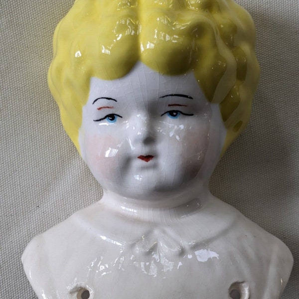 Vintage German Mold Replica Ceramic China Doll head Large 5" Blue Eyes Molded Blonde Hair