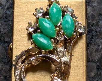 Vintage Perfume Bottle Holder Faux Jade Rhinestone Double Vial Compact