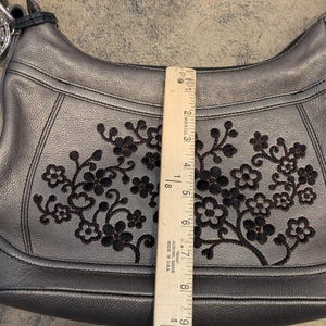 Brighton Handbag Embroidered Flowers Leather Metallic Pewter w/ Tassel Purse HTF image 10