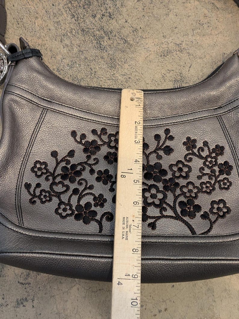 Brighton Handbag Embroidered Flowers Leather Metallic Pewter w/ Tassel Purse HTF image 10