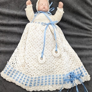 Boots Tyner 1980s Sugar Lumps Porcelain Doll CROCHE Christening Gown Blue Ribbon