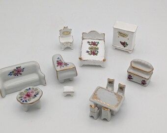 Japan Doll House Porcelain Ceramic Floral Rose Vintage Miniature Furniture Set