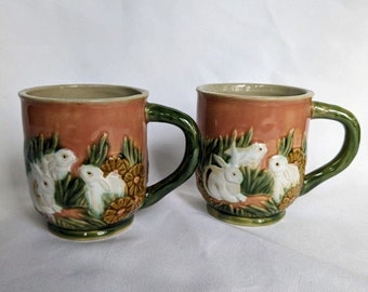 Vintage Majolica Set (2) Henriksen Pottery Pink Green Glazed Floral Rabbit Mugs