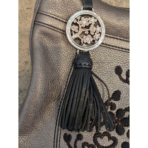 Brighton Handbag Embroidered Flowers Leather Metallic Pewter w/ Tassel Purse HTF image 6