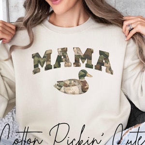 Mama Duck Camo Sweatshirt Faux Patchwork Camouflage Mama Crewneck Outdoorsy Mom Gift Hunting Wife Pullover Gildan 18000 Comfort Sweater