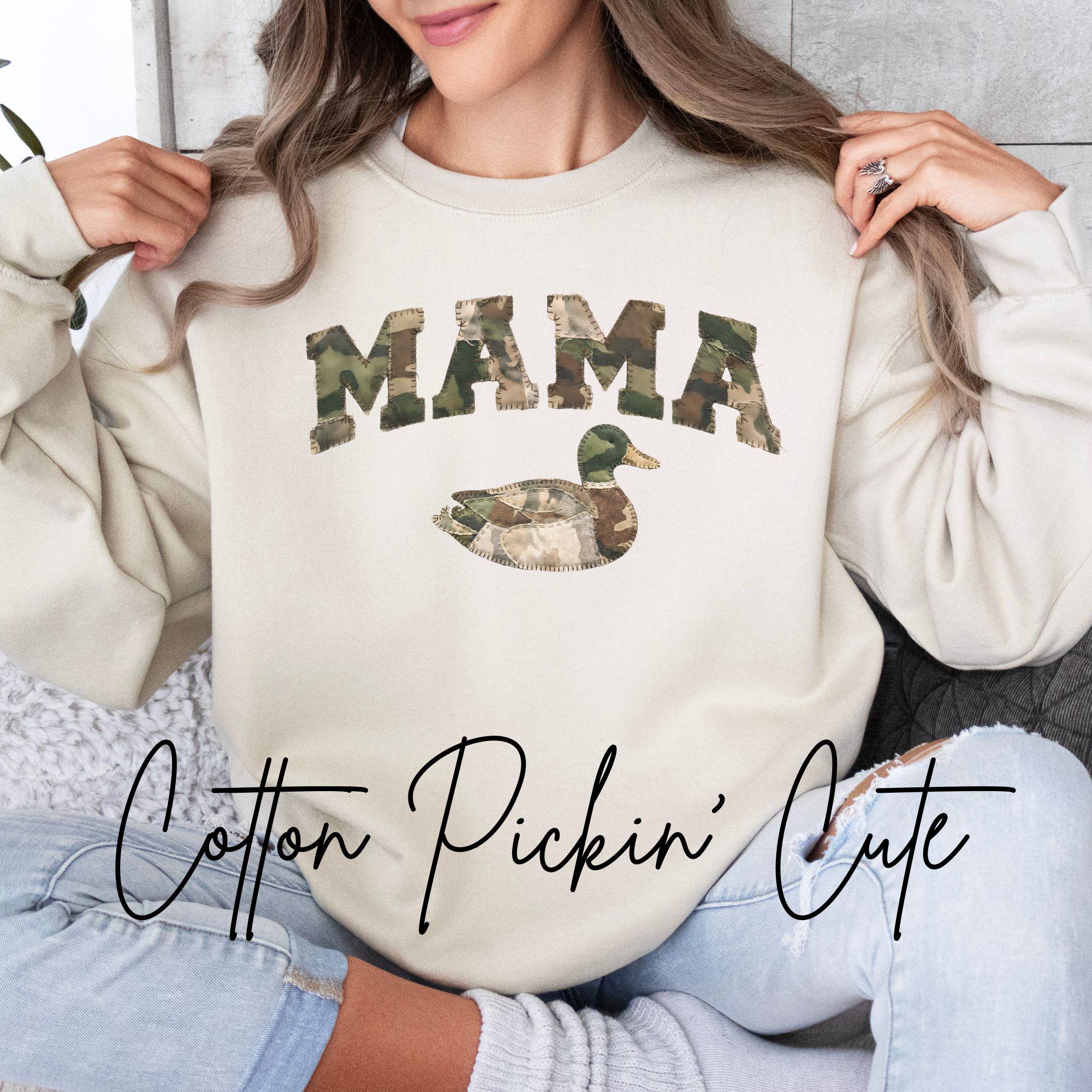 Mama Duck Camo Sweatshirt Faux Patchwork Camouflage Mama Crewneck Outdoorsy Mom Gift Hunting Wife Pullover Gildan 18000 Comfort Sweater