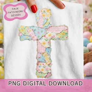 Może przedstawiać: Patchworkowy wzór krzyża z kwiatowymi i kratkowanymi wzorami w pastelowych kolorach. Krzyż trzymany jest przez dłoń z czerwonym lakierem do paznokci. Tekst na obrazku brzmi "FAUX PATCHWORK DESIGN" i "PNG DIGITAL DOWNLOAD".