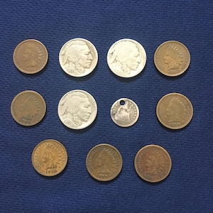 Vintage U.S. Coin Lot – Indian Head Pennies, Buffalo Nickels, Liberty Half Dime – 1800s–1930s Rare Collectible Coins
