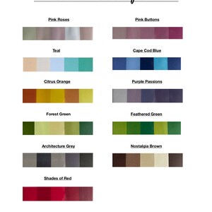 May include: A color guide for cardstock featuring various shades of pink, teal, orange, purple, green, gray, and brown. The guide is labeled with names for each color, such as "Pink Roses", "Cape Cod Blue", and "Forest Green".