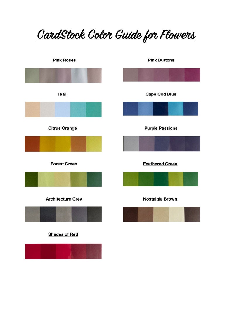 May include: A color guide for cardstock featuring various shades of pink, teal, orange, purple, green, gray, and brown. The guide is labeled with names for each color, such as "Pink Roses", "Cape Cod Blue", and "Forest Green".