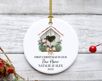 Personalised New Home Ceramic Christmas Tree Decoration | Bullfinch Nesting Box First Christmas Decoration | Housewarming Gift