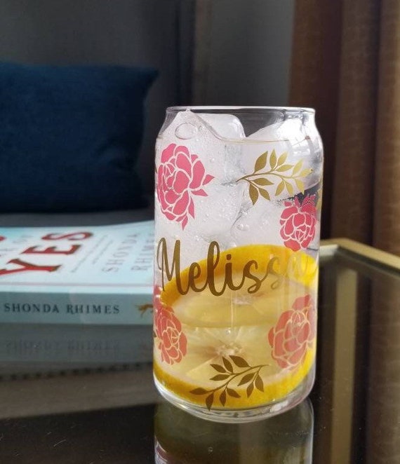 Color Changing Beer Can Glass, Floral Cup, Libbey Glass, Engraved