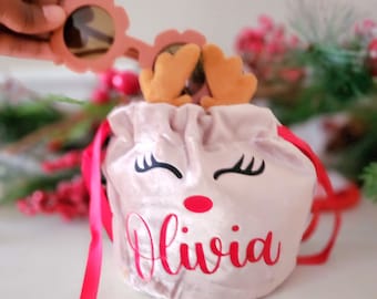 Personalized Velvet Christmas Favor Pouch, Reindeer Antlers