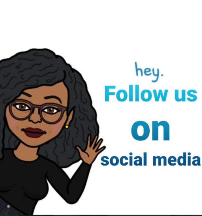K&ouml;nnte beinhalten: Eine Cartoon-Illustration einer Frau mit dunklen, lockigen Haaren, die eine Brille und ein schwarzes Hemd tr&auml;gt und mit der rechten Hand winkt. Der Text "hey. Follow us on social media" ist in blau und wei&szlig; geschrieben.