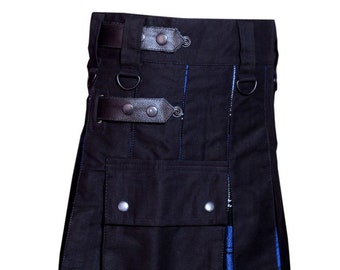 Hombre Híbrido Utilitario Kilt 100% Algodón Negro con Ramsey Blue Tartan Custom Handmade