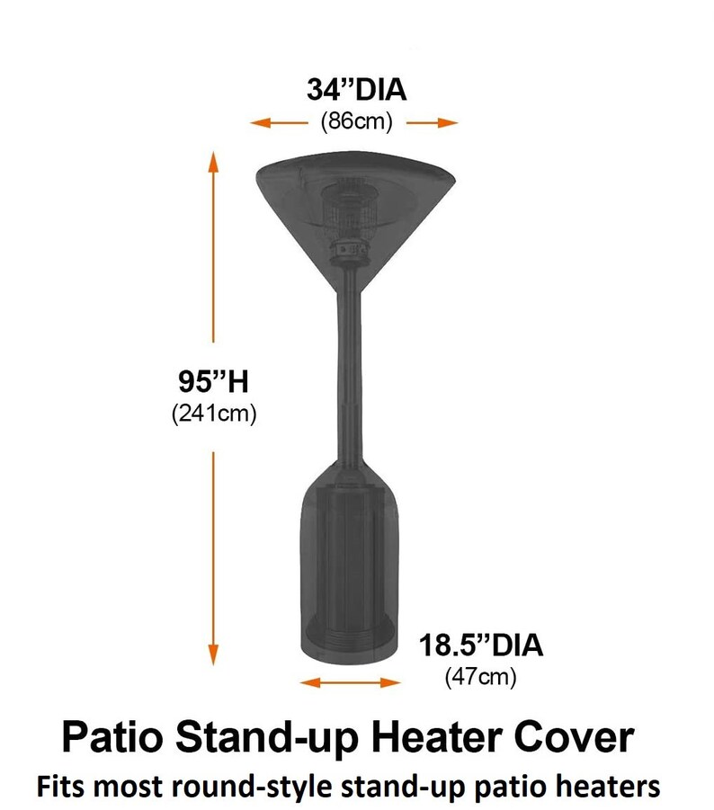 Puede incluir: Funda negra para calentador de patio de pie. La funda mide 241 cm de alto, con un di&aacute;metro superior de 86 cm y un di&aacute;metro de base de 47 cm. El texto dice: Funda para calentador de patio de pie. Se adapta a la mayor&iacute;a de los calentadores de patio redondos.
