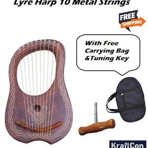 Lyre Harp 10 Metal Strings Celtic With Free  Carrying Bag & Tuning Key + FREE SHIPPING